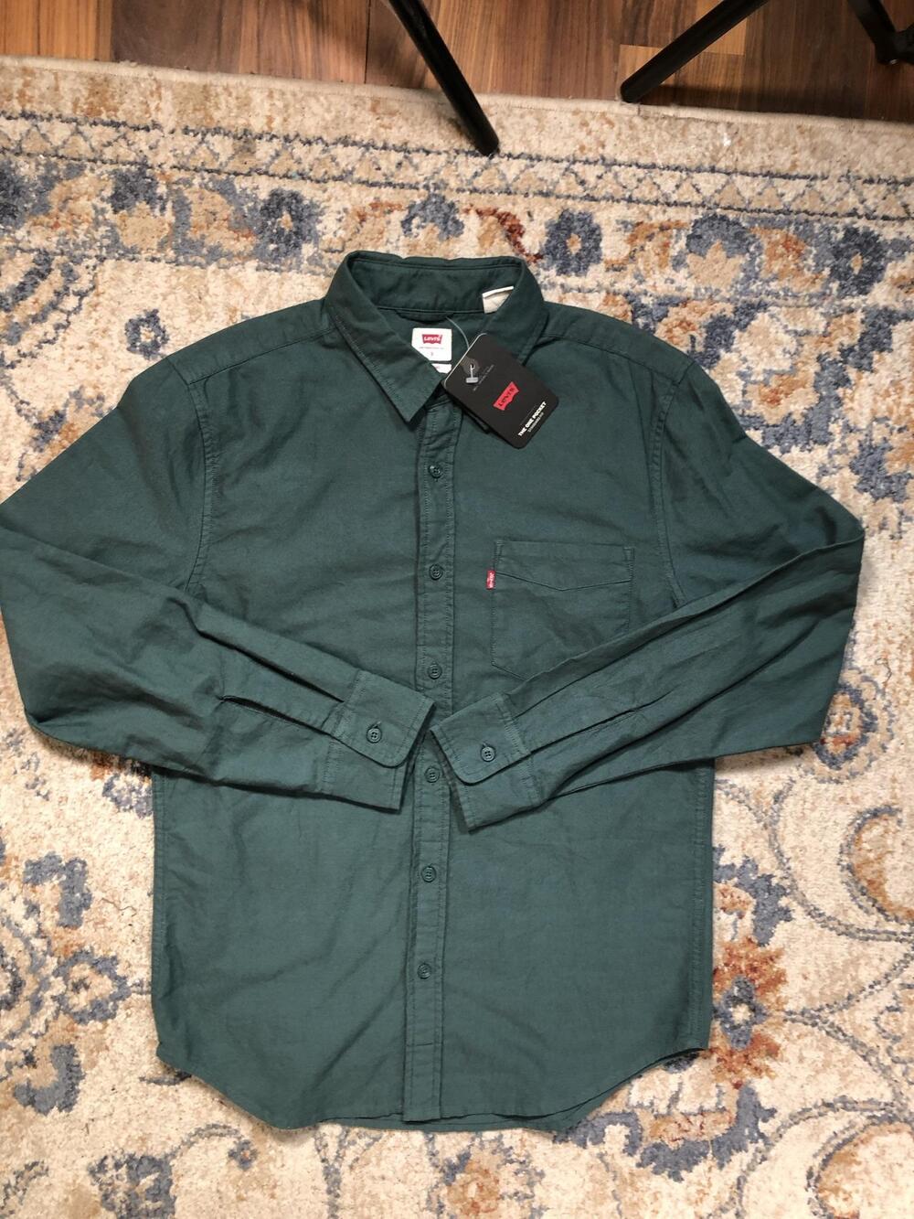 Levi's Shirt Mens Small Green Solid Long Sleeve One Pocket Standard Casual